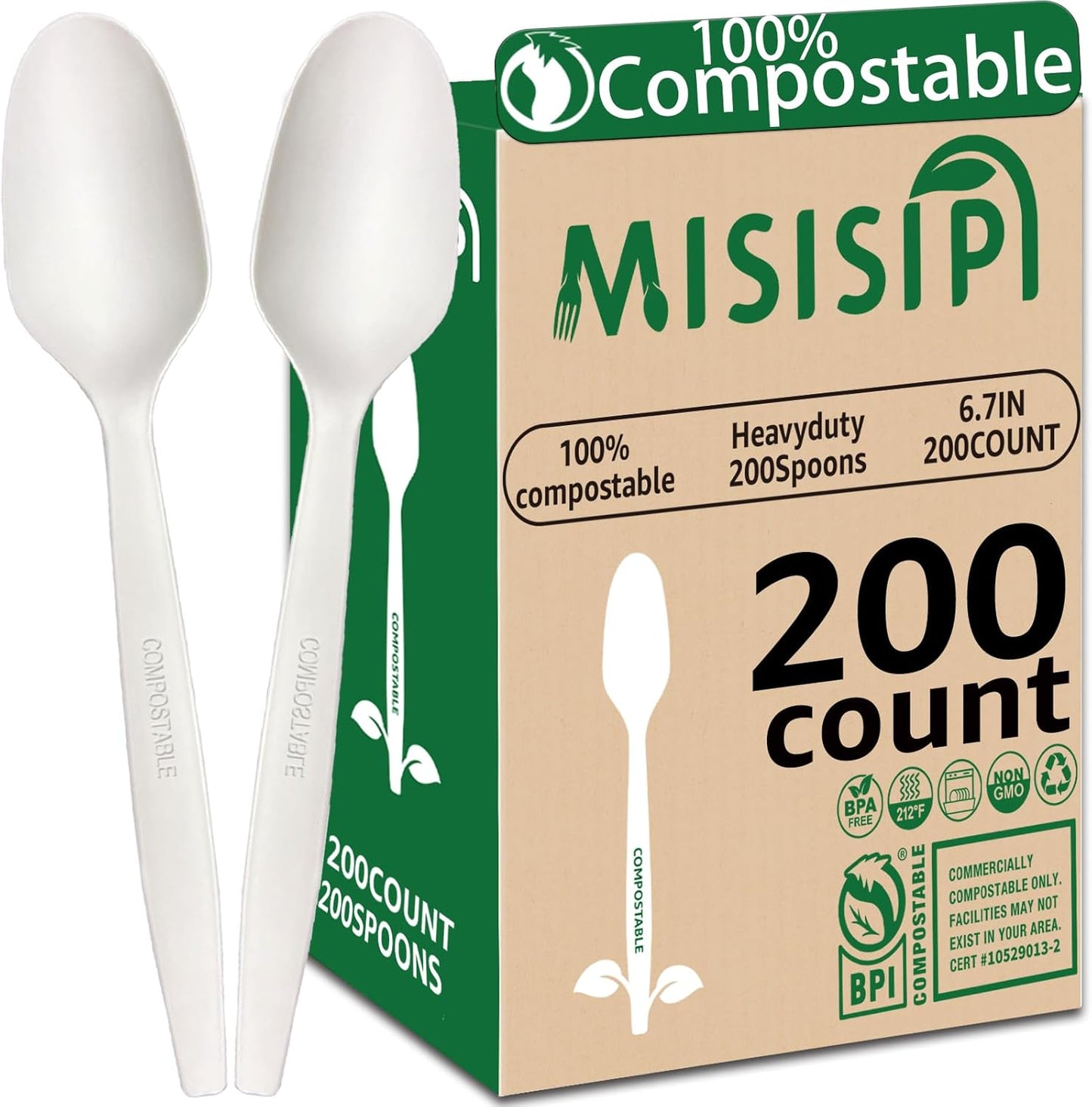 MISISIPI 150-Count Compostable Utensils Set - Heavy Duty BPI Certified, Plastic-Free Disposable Forks, Spoons, Knives for BBQ, Camping, Events, Plant-Based Cutlery