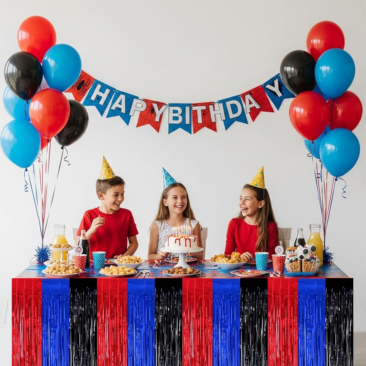 BEISHIDA 2 Pack Metallic Tinsel Foil Fringe Table Skirts for Rectangle & Round Tables Hot Pink Kids' Birthday, Holiday Cartoon Party Decorations for Birthday Valentines Baby Shower Festive Events
