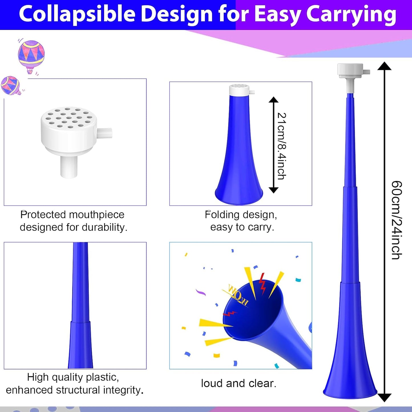 Collapsible Stadium Horn 24 Inch Vuvuzela Plastic Trumpet Blow Horns Noise makers for Sporting Events School Sports Football Games Party Supplies Favors Accessories (Black)