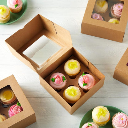Juvale Cupcake Boxes - 6 x 6 in, 24 Count, Brown - 4-Cup Insert & Clear Window Cupcake Containers & Muffin Boxes