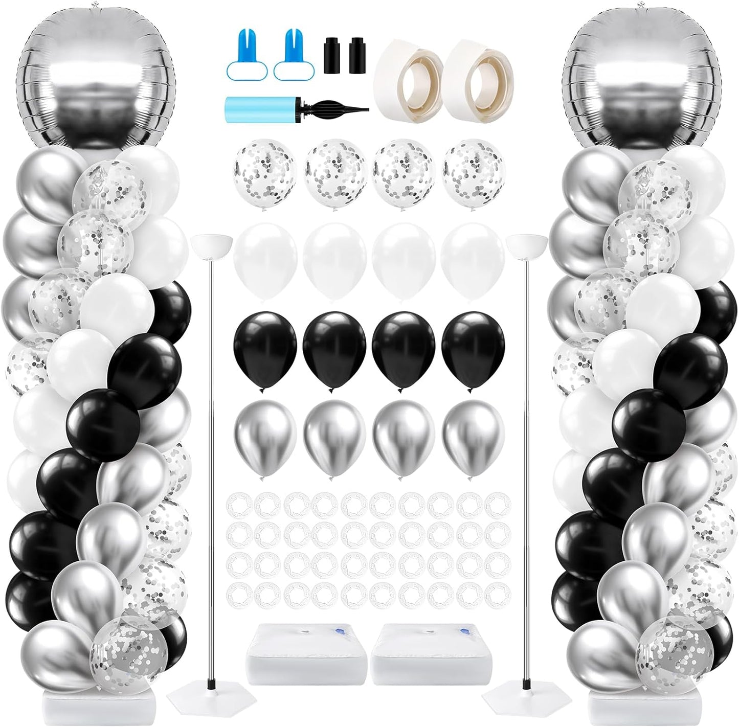 2 Sets Blue and Black White Graduation Balloon Column Stand Kit for Class of 2026, Adjustable Floor Balloon Arch Tower with Foil & Latex Balloons, DIY Decor for Grad Ceremony Backdrop