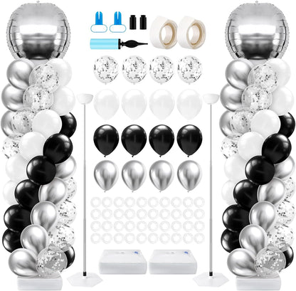 2 Sets Blue and Black White Graduation Balloon Column Stand Kit for Class of 2026, Adjustable Floor Balloon Arch Tower with Foil & Latex Balloons, DIY Decor for Grad Ceremony Backdrop