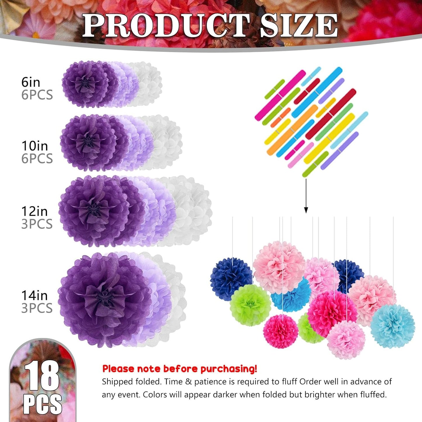 Tissue Paper Pom Poms, Pink Tissue Paper Flowers, Hanging Flower Balls for Weddings Fiesta Parties Birthday Baby Showers Classroom Bridal Shower Decoration (18Piece Set-6/10/12/14Inch)