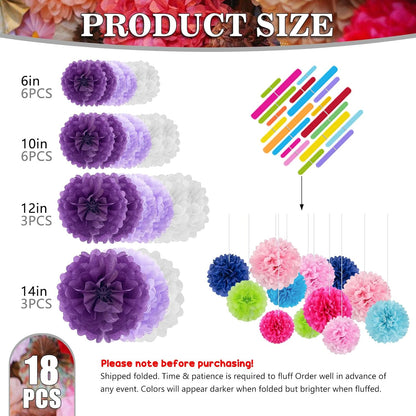 Tissue Paper Pom Poms, Pink Tissue Paper Flowers, Hanging Flower Balls for Weddings Fiesta Parties Birthday Baby Showers Classroom Bridal Shower Decoration (18Piece Set-6/10/12/14Inch)