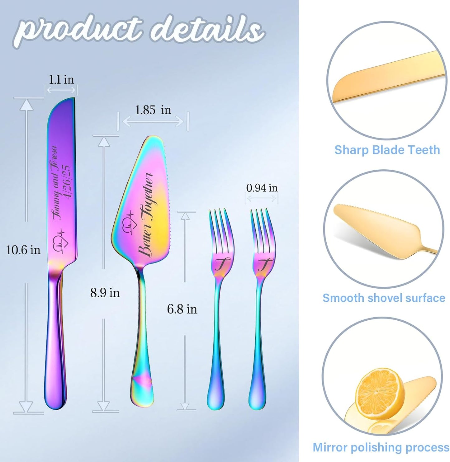 Personalized Wedding Cake Knife and Server Set, Wedding Gold Cake Cutting Set with Stainless Steel Forks, Customized Bridal Anniversary Birthday Wedding Registry Gifts for Couple (Non-customized)