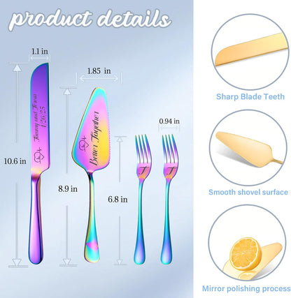 Personalized Wedding Cake Knife and Server Set, Wedding Gold Cake Cutting Set with Stainless Steel Forks, Customized Bridal Anniversary Birthday Wedding Registry Gifts for Couple (Non-customized)