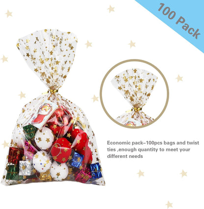 100 Pcs Star Printed 5"X 7" Gift Wrap Cello Cellophane Treat Bags Party Favor bags Clear Candy Cookie Bag Plastic Poly Goodie Storage Bag with Twist Ties for Bakery,Birthday, Wedding ,Party Decorations (Gold)