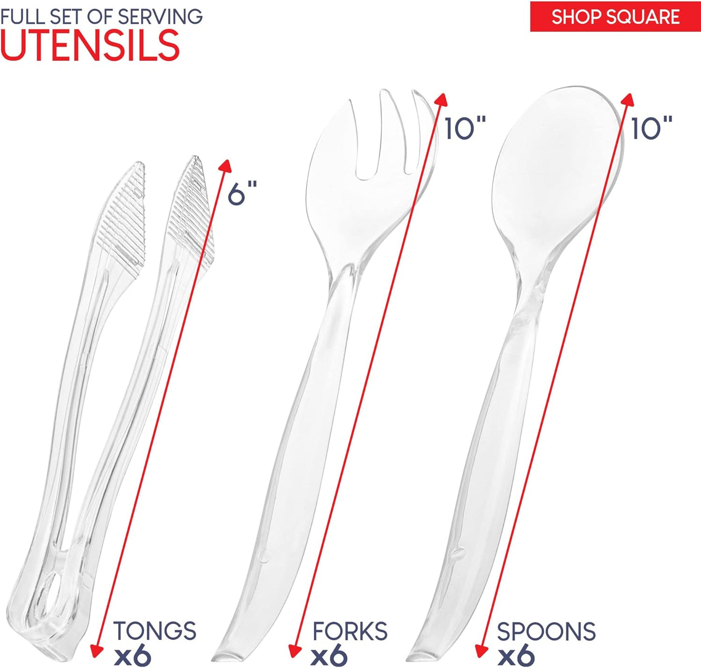 Disposable Plastic Serving Set - 18 Black Utensils, 6" Tongs, 10' Spoons, 10' Forks, Buffet & Party Use