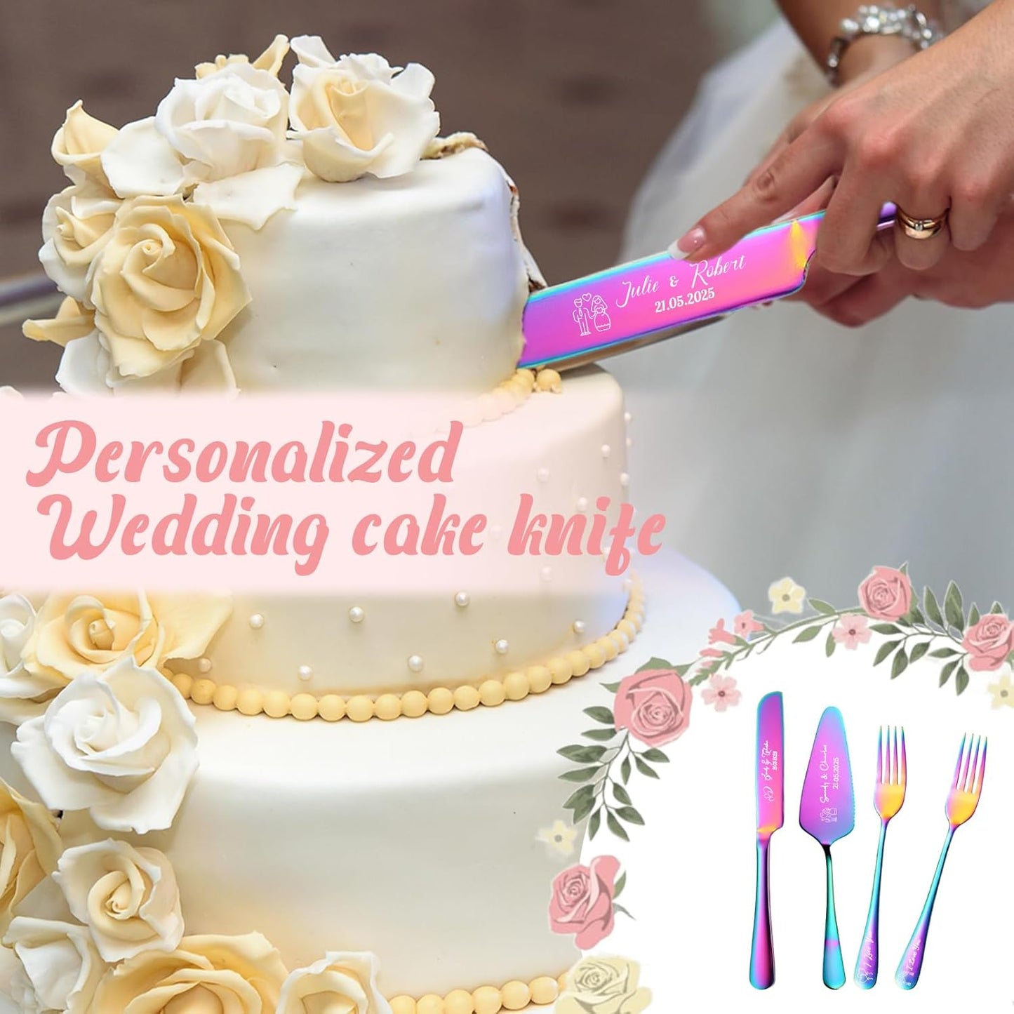 Personalized Cake Cutter Custom Wedding Cake Knife and Server Set Stainless Steel Cake Cutting Set Customize Gifts for Wedding Birthday (Black)