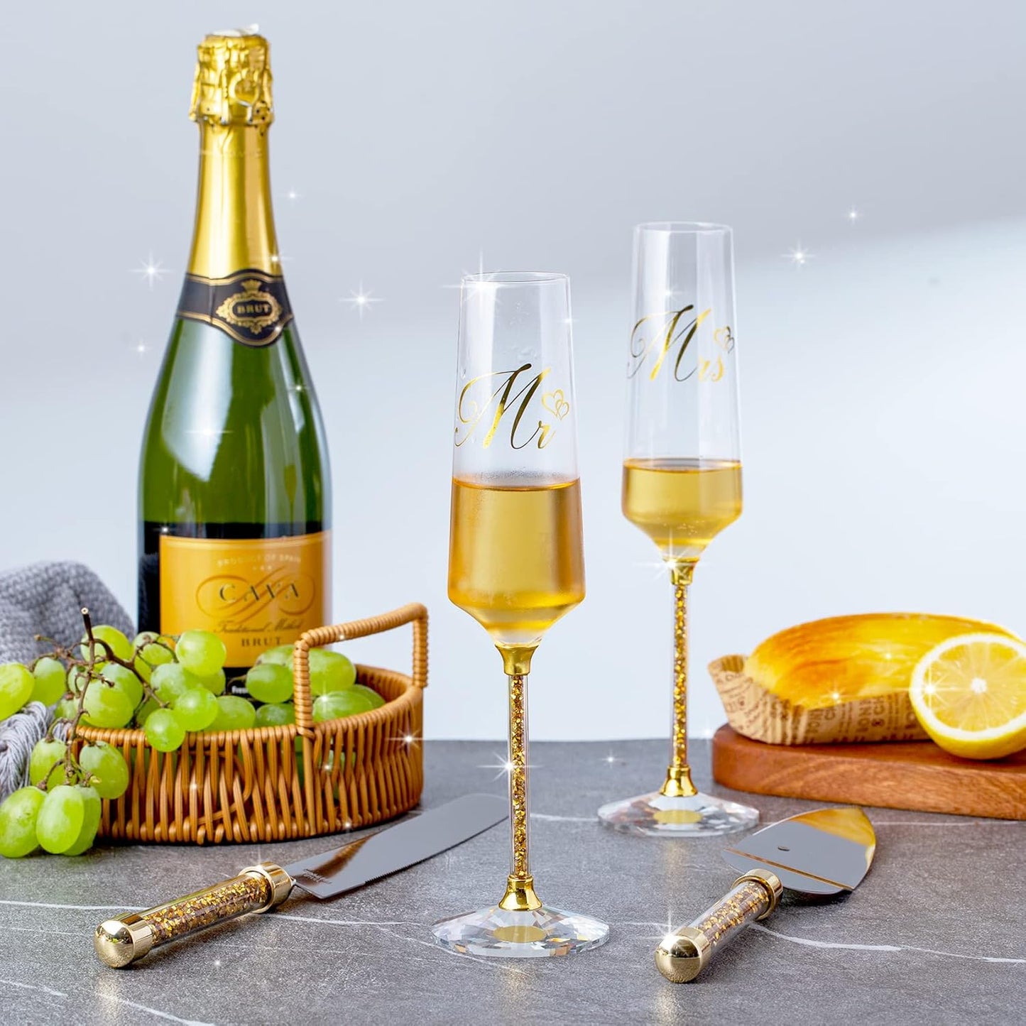 Wedding Cake Knife and Server Set, Mr and Champagne Flutes with Wedding Cake Cutting Set for Bride and Groom Toasting (Clear)