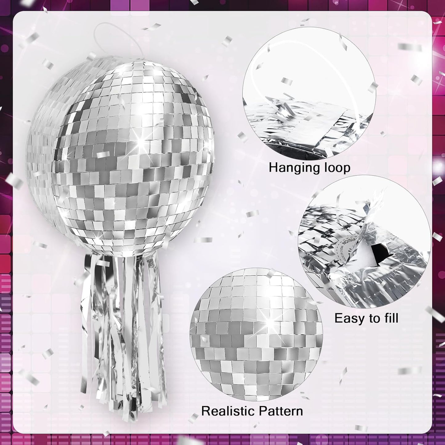 Disco Ball Pinata with Stick and Blindfold 80s 90s Theme Party Decorations Silver Mirror Disco Ball Pinata for Birthdays Weddings Roller Skating Party Supplies