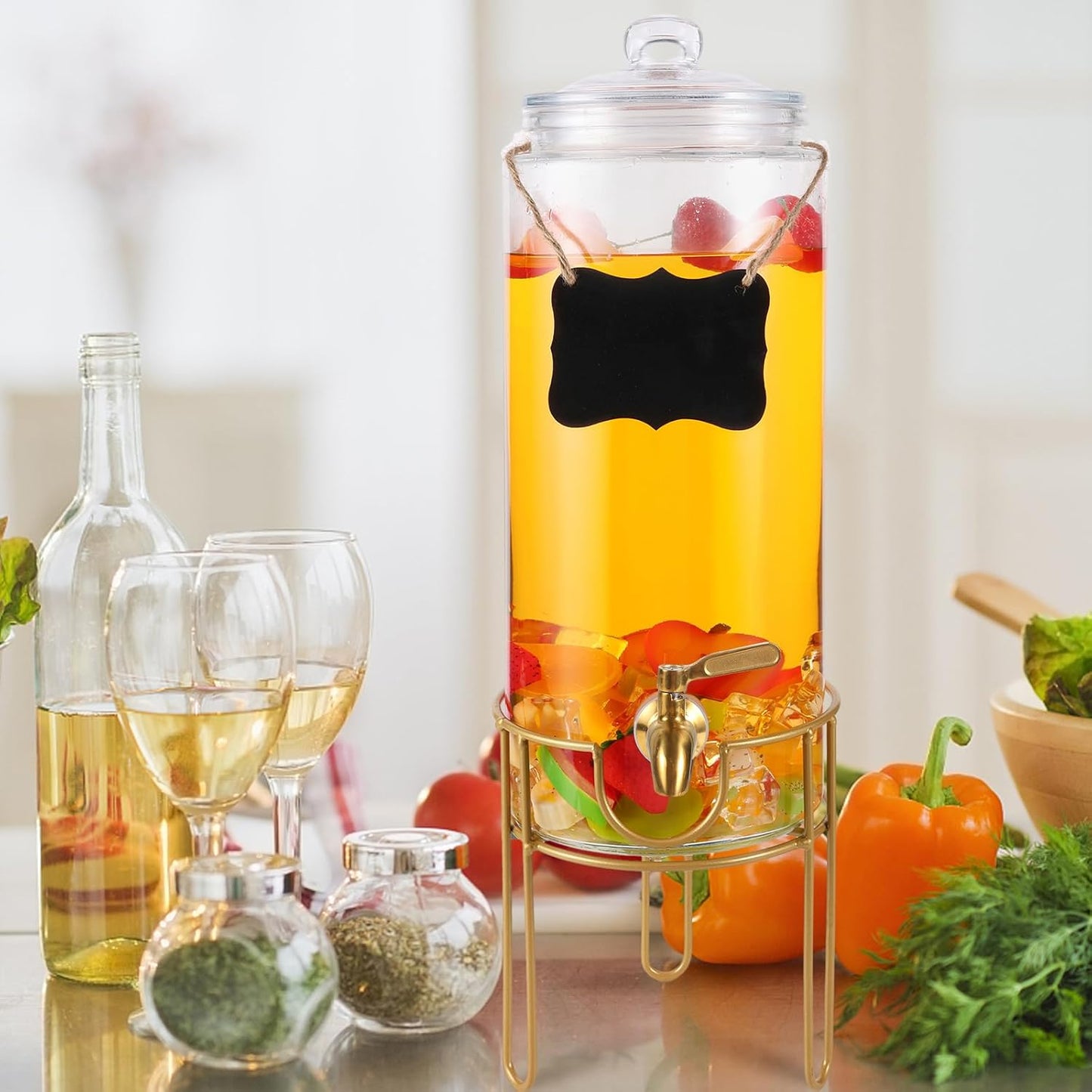 Drink Dispensers for Parties 1 Gallon, Bevarage Dispenser with Stand,Glass Drink Dispenser With Stainless Steel Spigot + Marker & Chalkboard, Ideal for Lemonade,Juice, Tea, and Party Drinks
