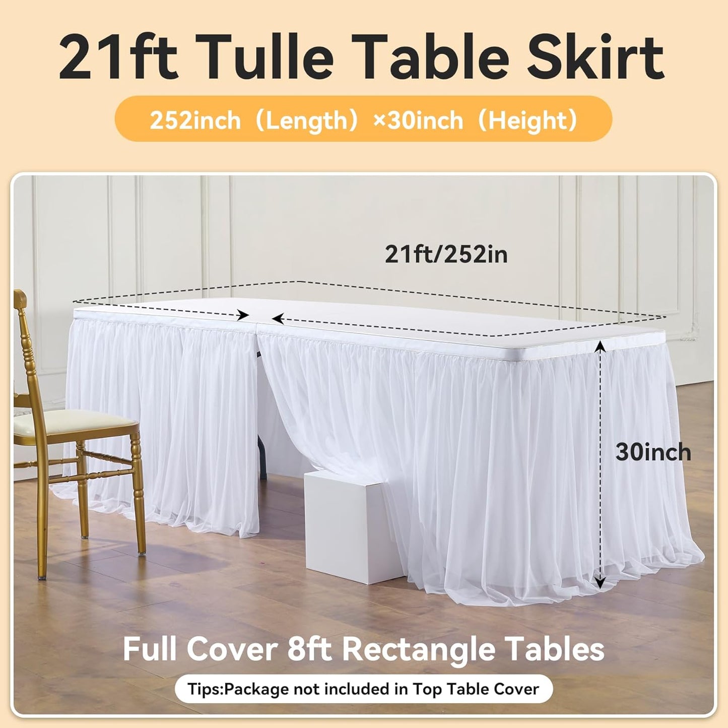 72inch Champagne Gold Tulle Table Skirts for Rectangle Round Tables, Gold Grim Ruffle Tulle Tutu Cloth Table Skirt 6ft for Wedding Birthday Party Cake Dessert Decor(No Top Cover)