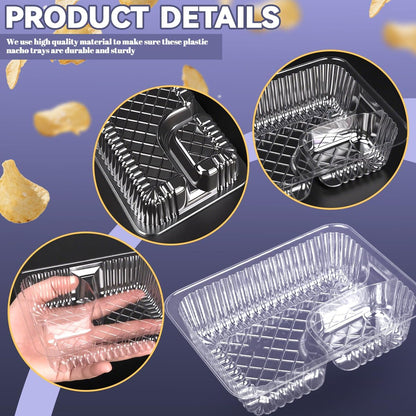 200 Pcs 12oz 6.5''x5'' Plastic Nacho Trays, Small Disposable Tray for Nachos & Cheese Dip, Clear Nacho Containers for Chip, 2 Compartment Movie Night Snack Trays Great for Snacks, Fair Foods