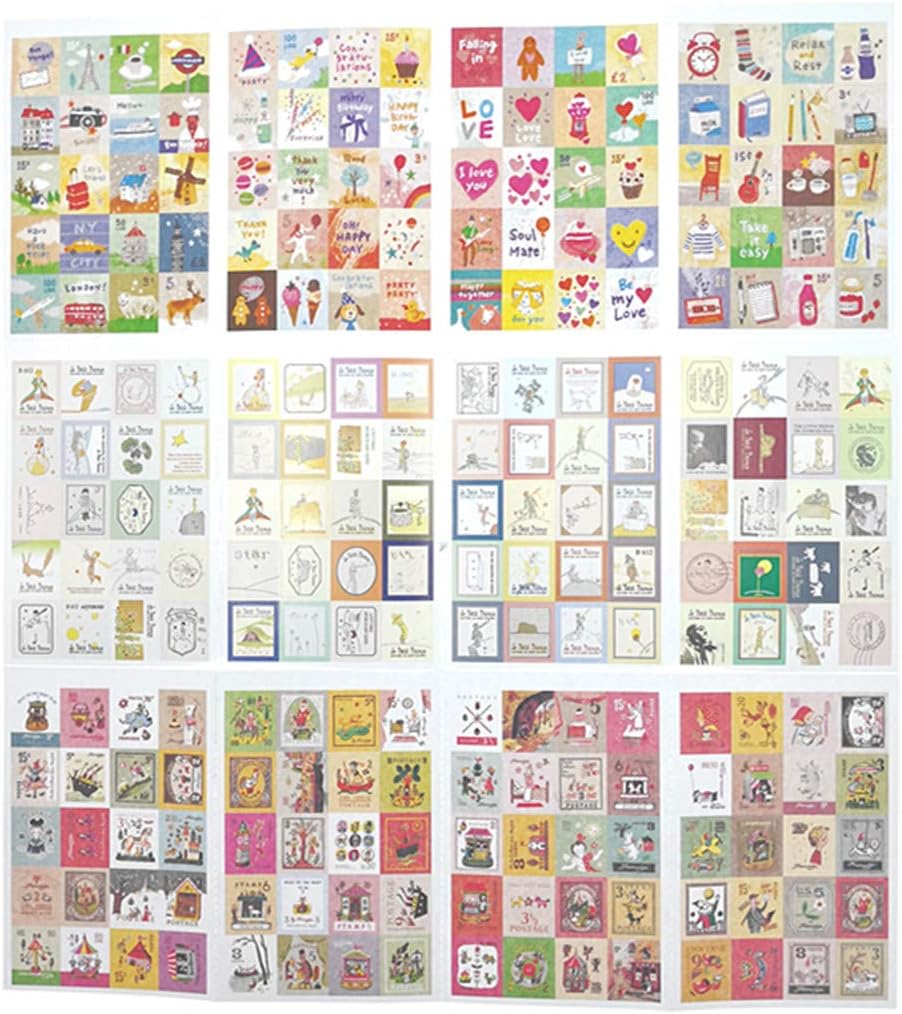 ALIMITOPIA Adhesive Sticker,12 Sheets(240pcs) Stamp Shape DIY Decorative Paper Paster Ornament Mark