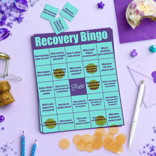 Recovery Bingo Game for Adults in Addiction Groups – 24 Cards and 200 Chips with 1 Game Instructions, Motivational Recovery Activity for Counseling Sessions, Rehab Centers, and Support Meetings