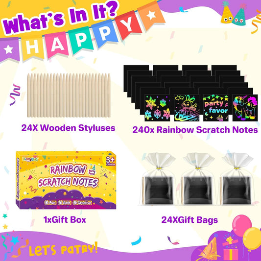 FUNNYB&G 240 PCS Rainbow Scratch Paper Art Kit for Kids, Birthday Party Favors Goodie Bags Stuffers for Kids, Bulk Classroom Gifts Scratch Mini Notes for Girls Boys Ages 4-12