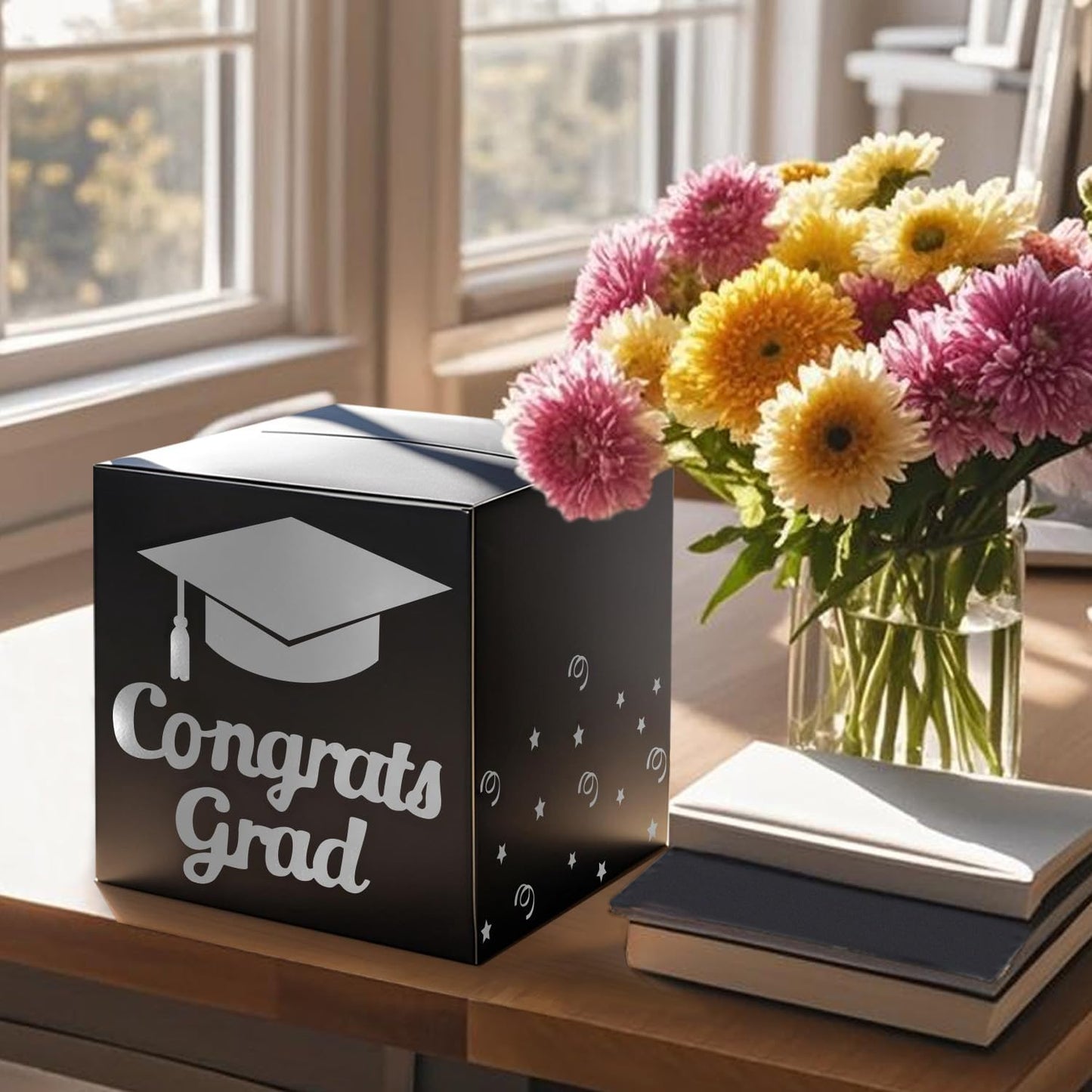 Graduation Card Box Holder, Congrats Grad Foldable Cardboard Decorations Box for Graduation Party Decoration and Grad Parties (Black)