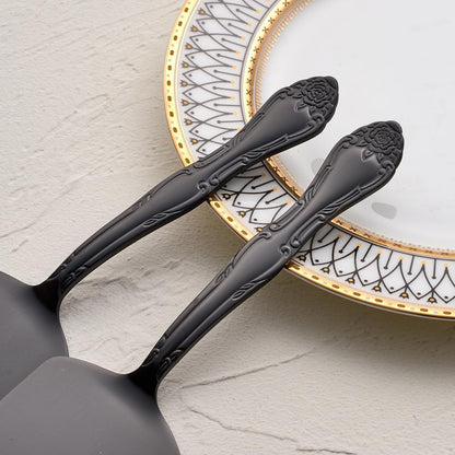 3-Piece Cake Server Set - 9.3-Inch Matte Black 430 Stainless Steel with Rose Handle Design - for Cake, Pie, Pizza, and Dessert Serving - Dishwasher Safe Pastry Server Set