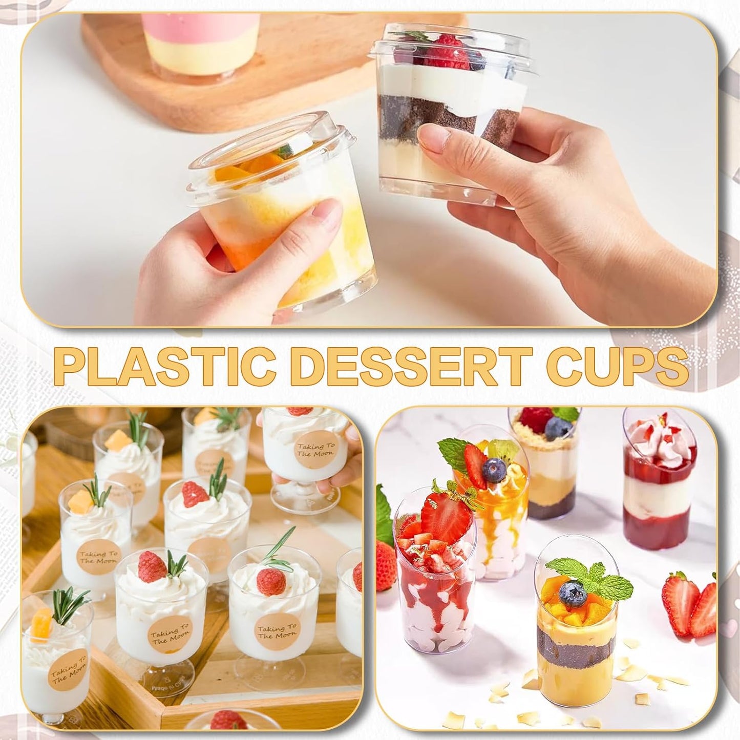 mwellewm 400 Pcs Dessert Cups with Lids and Spoons, 5 OZ Parfait Cups 3 OZ Plastic Desert Cups Clear Mini Shooter Cups for Party Reusable Small Appetizer Serving Fruit Cup Ice Cream Cake Pudding