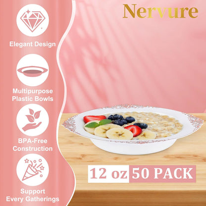 Nervure 50 Pack White Plastic Bowls with Gold Rim - 12oz Disposable Soup Bowls - Heavy Duty Dessert Bowl, Salad Bowl Perfect for Weddings, Parties, Mothers Day
