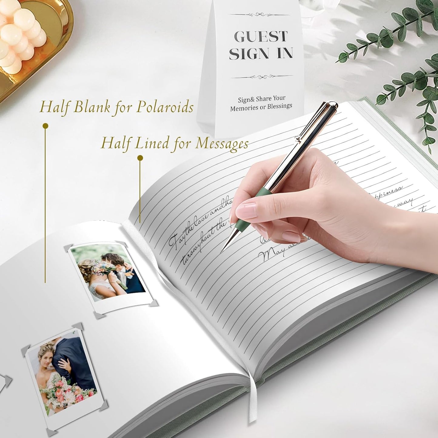 Wedding Guest Book for Memorial Service with 216 Photo Corners Stickers, Linen Guestbook to Sign at Bridal Shower or Wedding Reception Party,100 Pages, Blank Thick Paper Books for Baby Shower- Sage