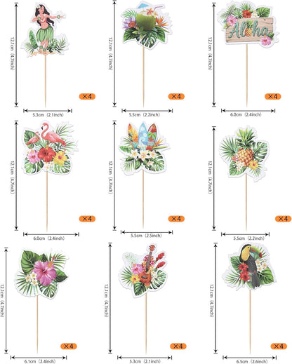 28 PCS Tropical Cupcake Toppers Glitter Leaf Pineapple Flower Palm Tree Flamingo Cupcake Picks Aloha Cake Decorations for Summer Hawaiian Luau Theme Baby Shower Birthday Wedding Party Supplies