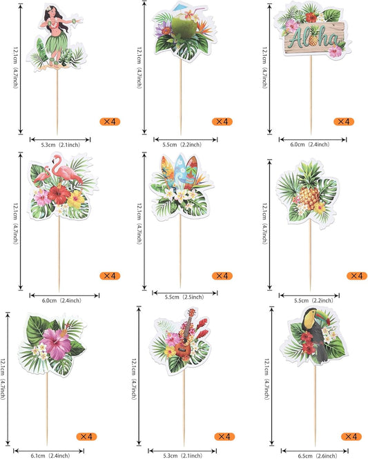 28 PCS Tropical Cupcake Toppers Glitter Leaf Pineapple Flower Palm Tree Flamingo Cupcake Picks Aloha Cake Decorations for Summer Hawaiian Luau Theme Baby Shower Birthday Wedding Party Supplies