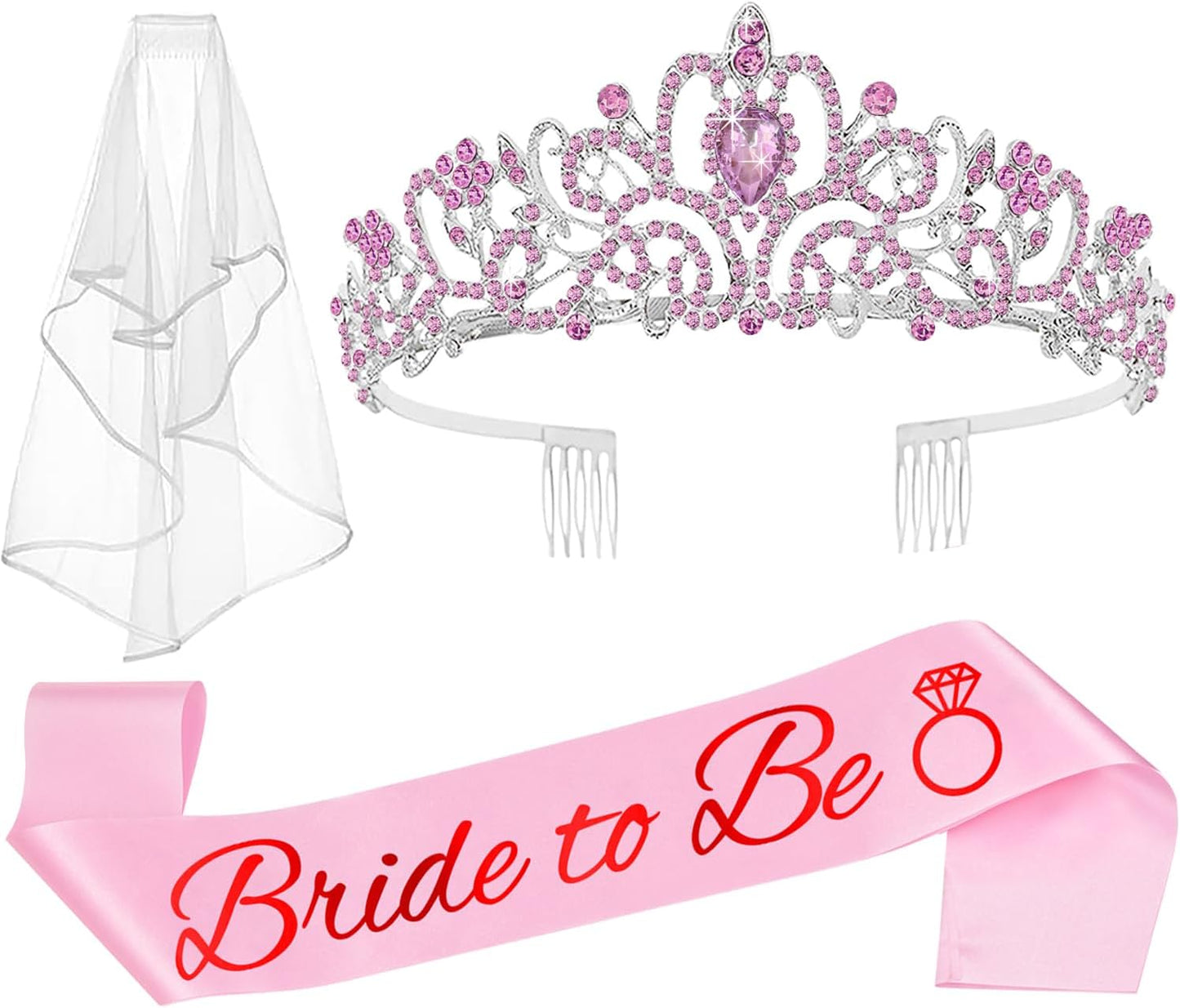 JETKONG 3 Pcs Bachelorette Party Decorations Bridal Shower Crown, Bride to Be Sash&Veil for Women Bachelorette Party Gifts, Bachelorette Party Supplies, Gifts, Favors (Rose Gold)