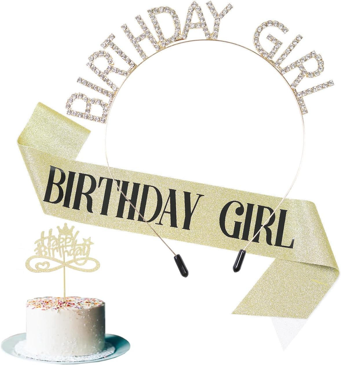 3 Pack Rose Gold Birthday Girl Sash and Rhinstone Headband Set for Women Glittery Cake Topper Happy Birthday Crown&Tiara Accessories Decorations Gifts for Kids.