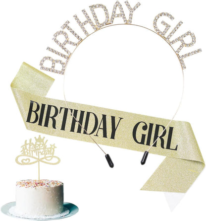 3 Pack Rose Gold Birthday Girl Sash and Rhinstone Headband Set for Women Glittery Cake Topper Happy Birthday Crown&Tiara Accessories Decorations Gifts for Kids.