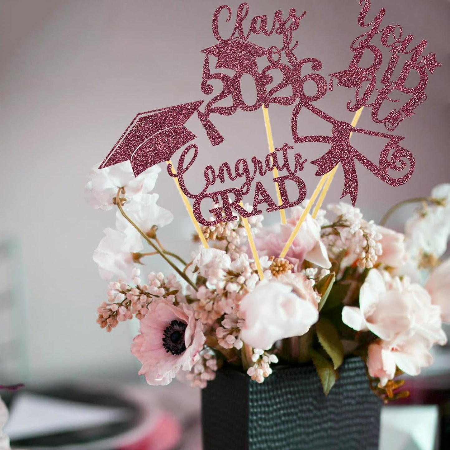 Graduation Centerpiece Sticks 24PCS Glitter Grad Picks Party Table Decor Senior High School College Sign Gold