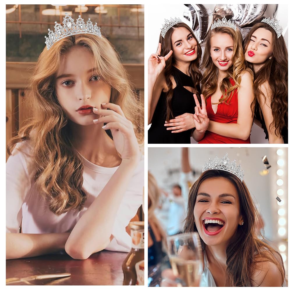 Silver Birthday Crown Headband with Sash for Women - Rhinestone Tiara for Birthday Parties
