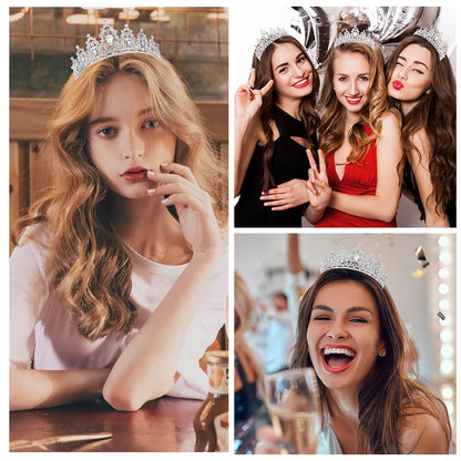 Silver Birthday Crown Headband with Sash for Women - Rhinestone Tiara for Birthday Parties