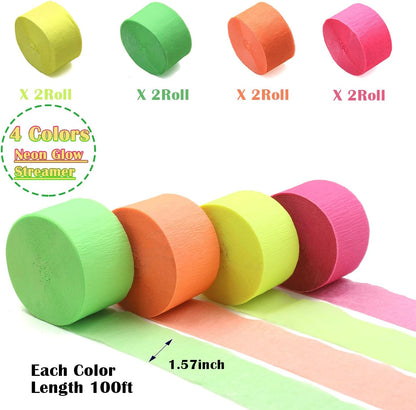 600 feet Glow Crepe Paper Streamers UV Glow Party Neon Streamer Decorations Glow in The Dark Black Light Reactive Fluorescent Neon Paper Party Streamers Wedding Birthday Blacklight Party Supplies