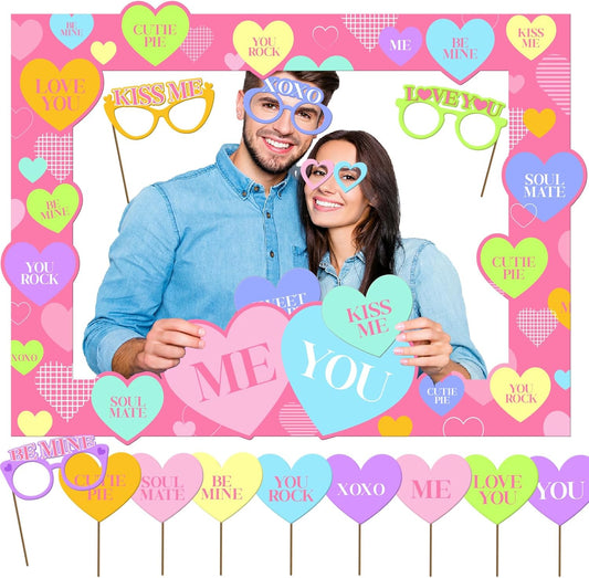 Valentines Day Photo Booth Props, Pink Romantic Valentine’s Day Selfie Photo Booth Picture Frame and Conversation Hearts Valentines Photo Props for Valentine’s Day Wedding Party Favors Decorations