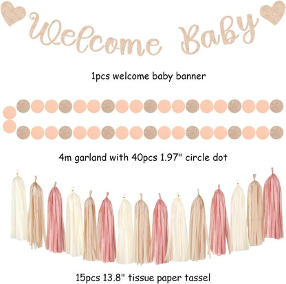 Champagne-Gold Beige Fall Baby-Shower Party-Decorations - 36pcs Welcome Home Banner Sign,Neutral Paper Lanterns,Girl Streamers Garland,Boho Hanging Tissue Pom Poms Flowers Fans Backdrop Decor Burgleda