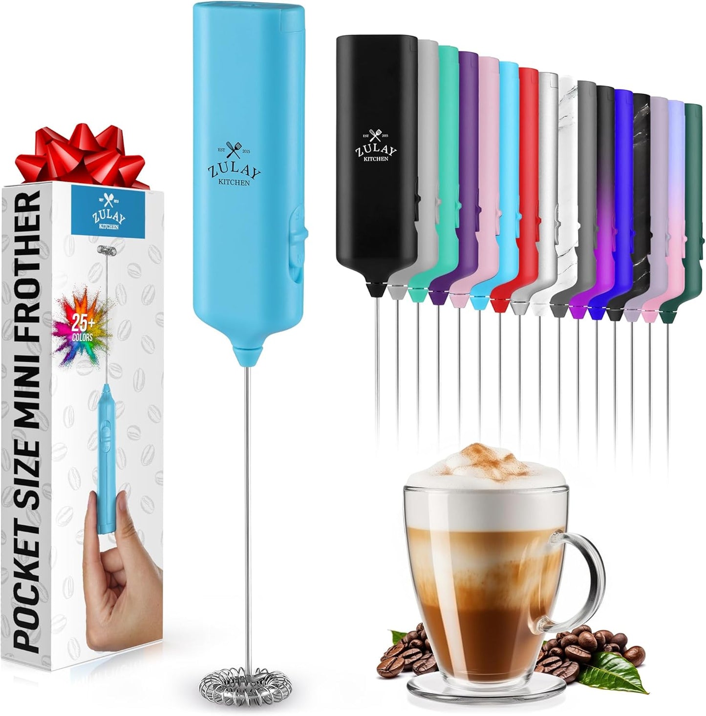 Zulay Kitchen Powerful Milk Frother AA Batteries Included – Ultra Fast Handheld Drink Mixer with Stainless Steel Whisk Stirrer for Coffee, Protein, Matcha & More, Frother Wand Electric Frothmate Black - Colors E