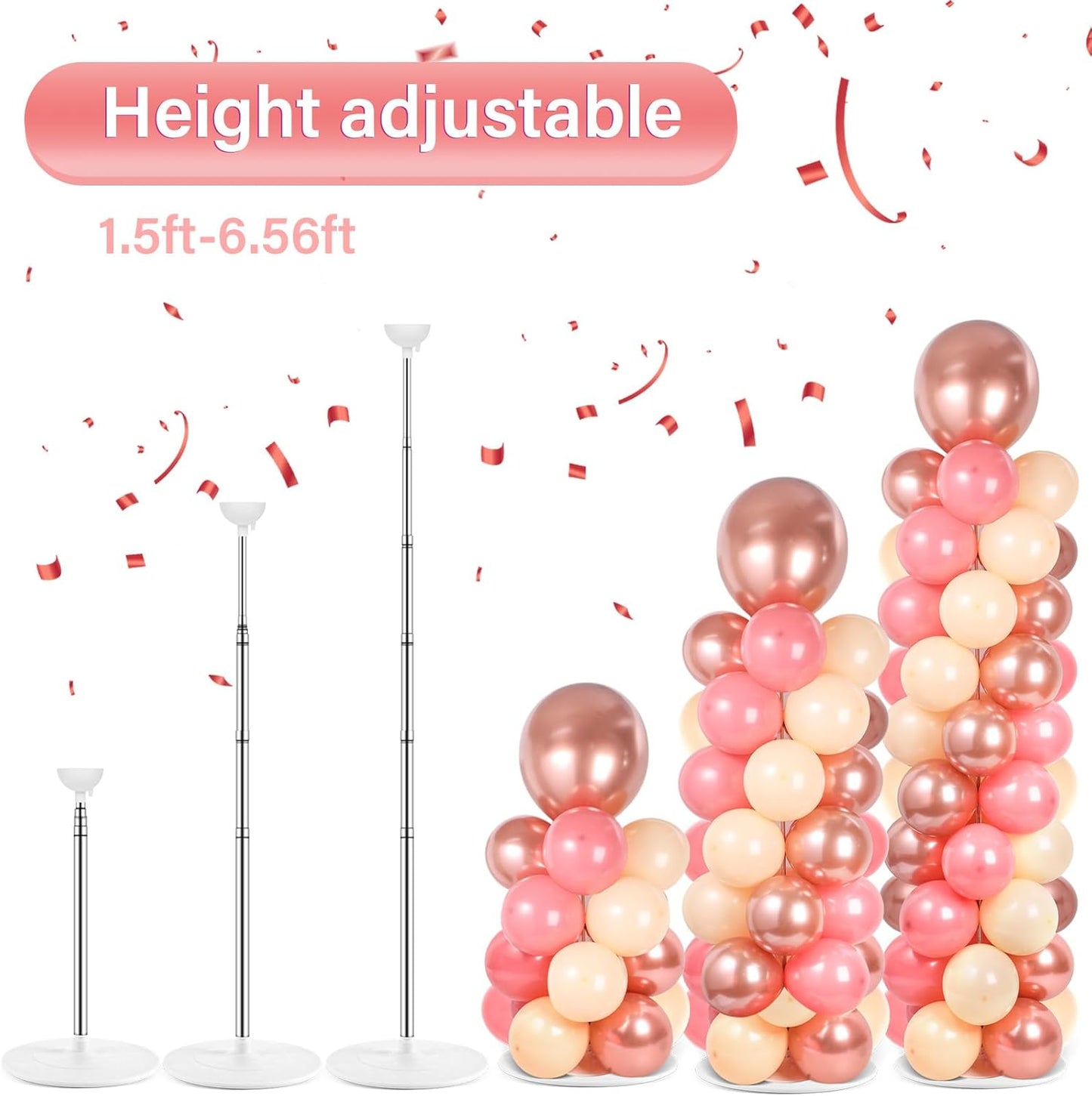 2 Set Black and Gold Balloons Column Stand Kit with 100 Balloons Adjustable Balloon Stand with Bases for Floor Black Gold Confetti Balloon Column Kit for Bridal Shower Valentine Birthday Party Decor