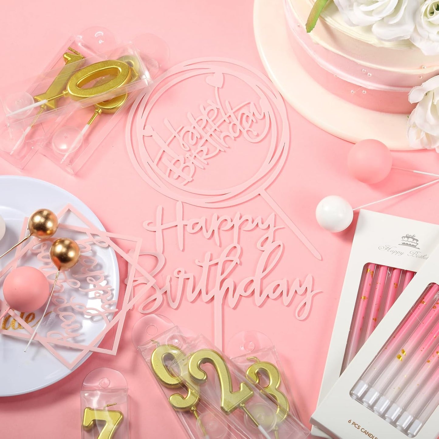 Yerliker 34 Pcs Happy Birthday Cake Toppers Decorations Birthday Candles DIY Cake Decor for Men Women Wedding Anniversary(Gold)