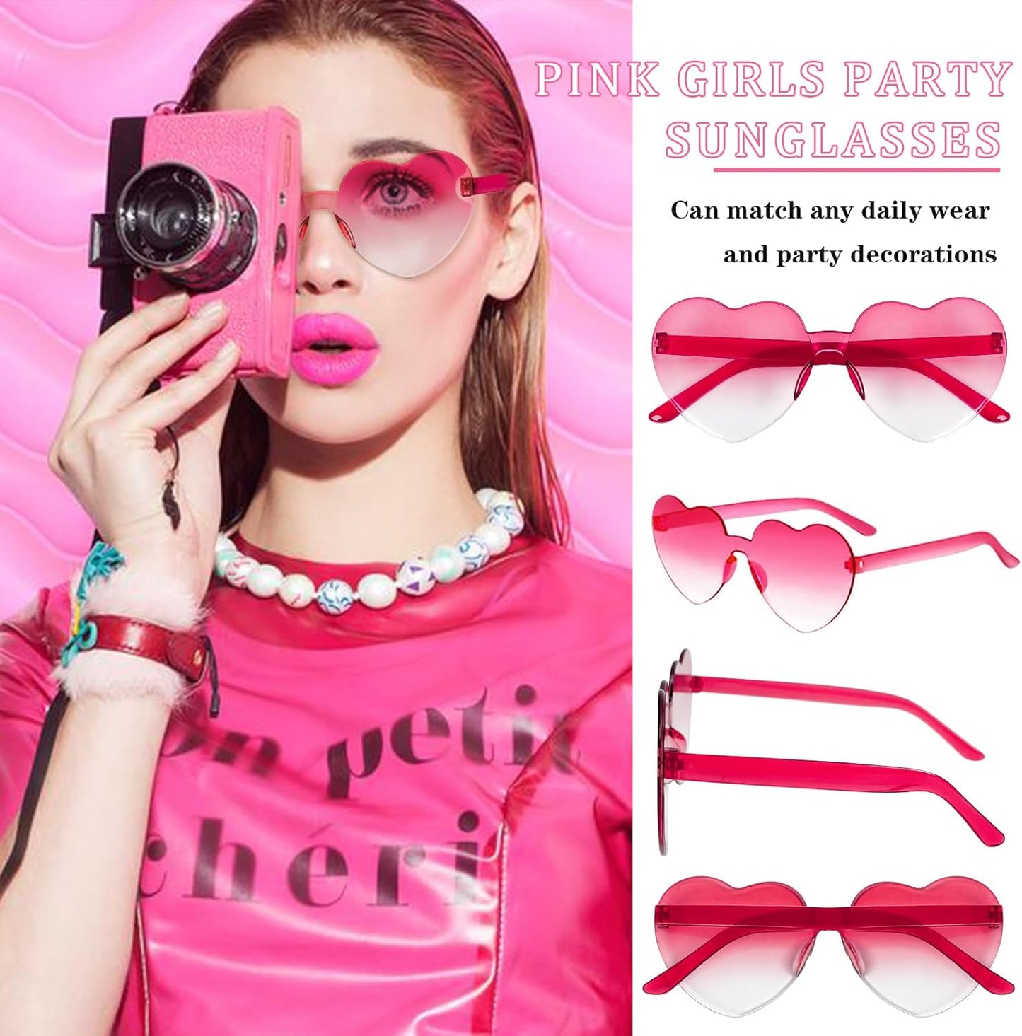 Matcheck 16 Heart Shaped Rimless Sunglasses Transparent Candy Colored Glasses Frameless Party Eyewear for Women