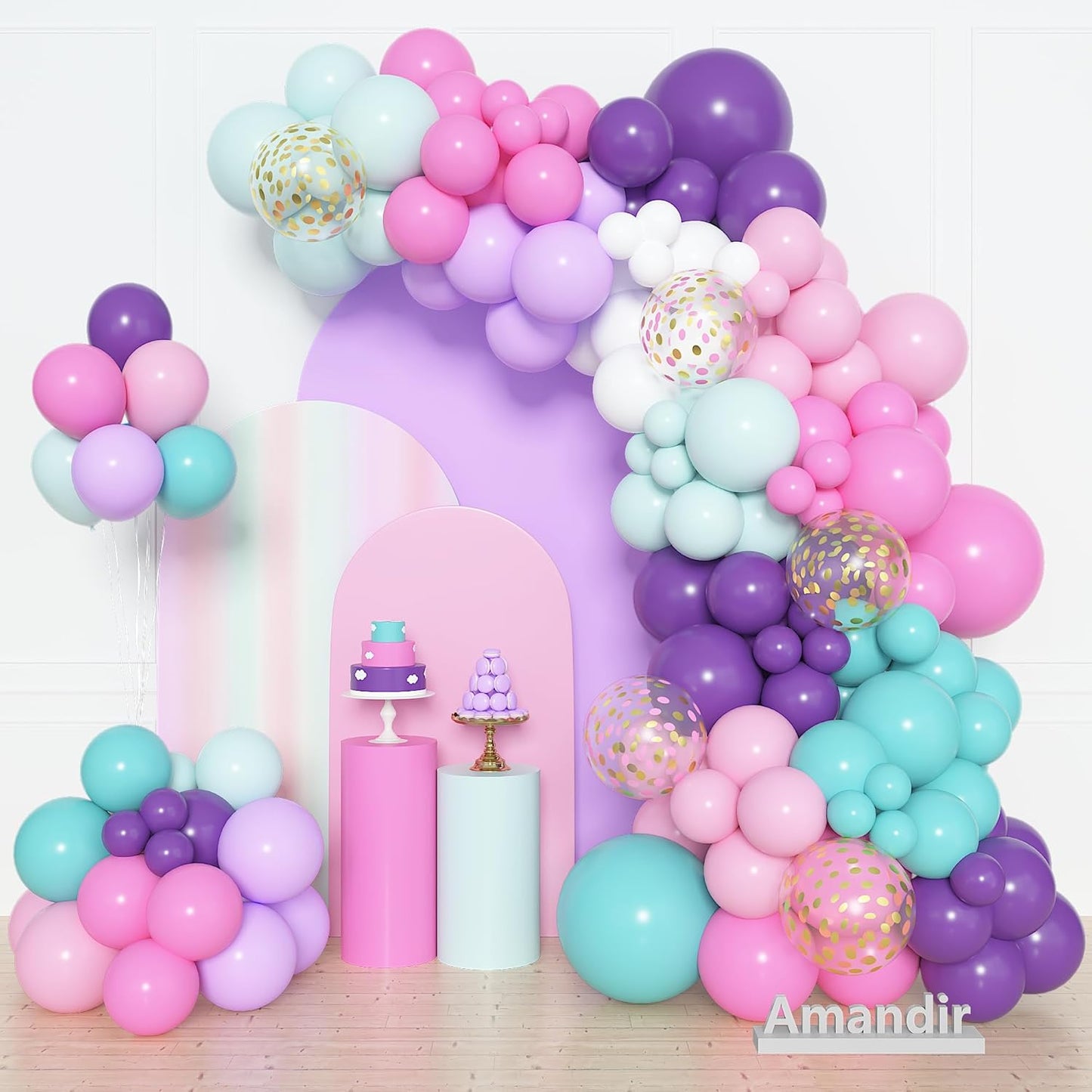 Amandir 153pcs Purple Blue Pink Balloon Garland Arch Kit, Different Sizes 18 12 10 5 inch Teal Yellow Latex Metallic Confetti Balloons for Magic Birthday Engagement Party Decoration