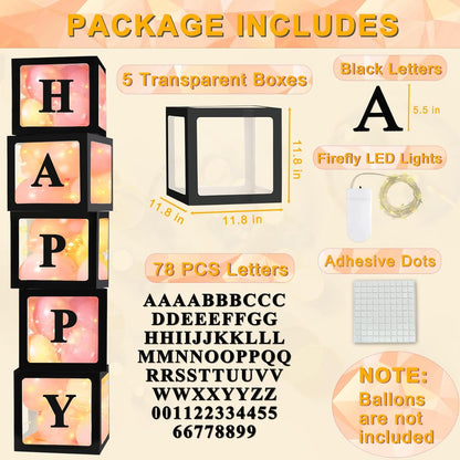 Ledido Transparent Balloon Boxes, Clear Balloon Boxes with 5 Pcs String Lights and 78 Letters for Baby Shower Gender Reveal 2026 New Year Grad Party Birthday Anniversary Bridal Decor - 5 White Boxes