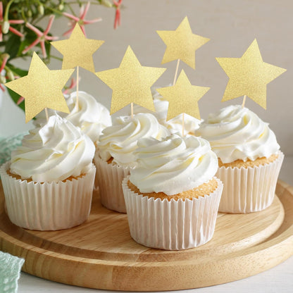 Reallnaive 42 Pcs Gold Star Centerpieces Sticks Twinkle Glitter Star Table Flower Centerpiece Sticks Golden Cake Toppers for Back to School Wedding Engagement Bridal Baby Shower Party Decorations