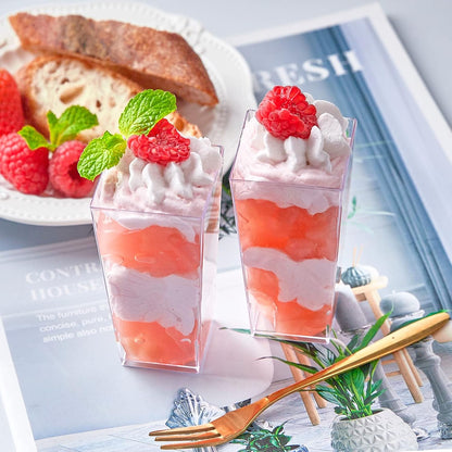 TOFLEN 50 Pack 3 oz Square Mini Dessert Cups with Spoons Clear Plastic Dessert Shooter Cups for for Party, Yogurt, Parfait, Cheesecake, Pudding, Jello and Appetizers