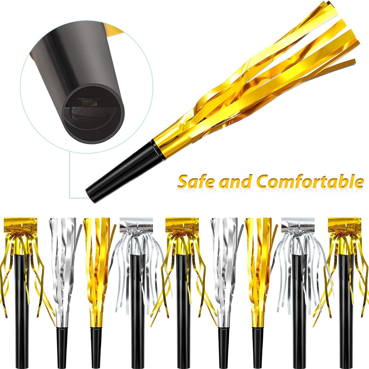 Skylety 48 Pcs Noise Makers Glitter Noise Makers Metallic Fringed Party Blowers Noisemakers Horns for Adults Birthday Graduation Sporting Events 2026 New Years Party Favor Supplies (Gold)