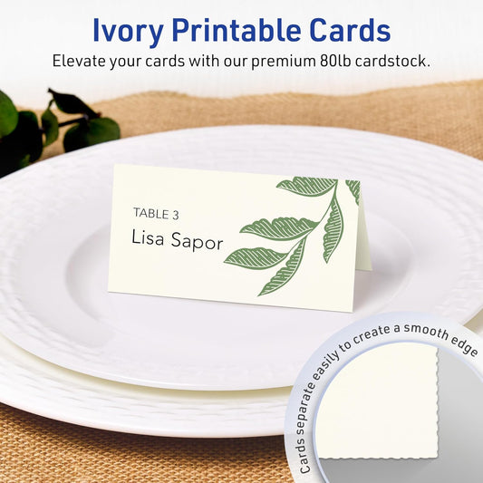 Avery Printable Rectangle Tent Cards, Sure Feed Technology, 2-1/6" x 4", Matte Ivory Cardstock, Print-To-The-Edge, Laser/Inkjet Printable, 100 Total