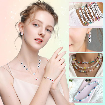 Amaney 1400pcs Glow Letter Beads, Heart Beads Whit Elastic Beading Cord,4x7mm Round Acrylic Alphabet Beads for Friend Bracelet Jewelry Making