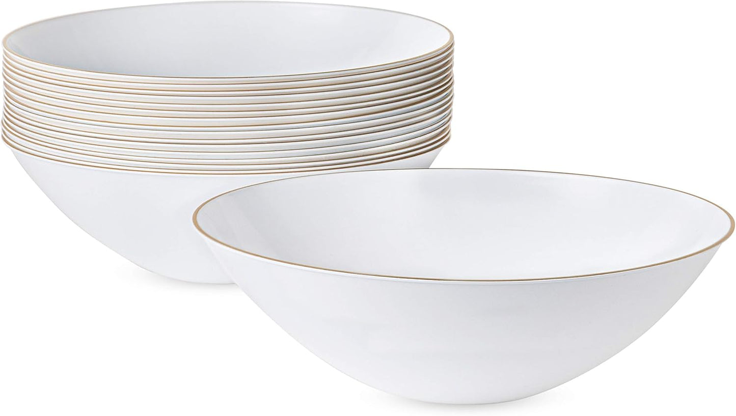 PLASTICPRO [16 OZ 20 Count] White Plastic Floral Design Party Soup bowls With Gold Rim Premium heavyweight Elegant Disposable Tableware Dishes