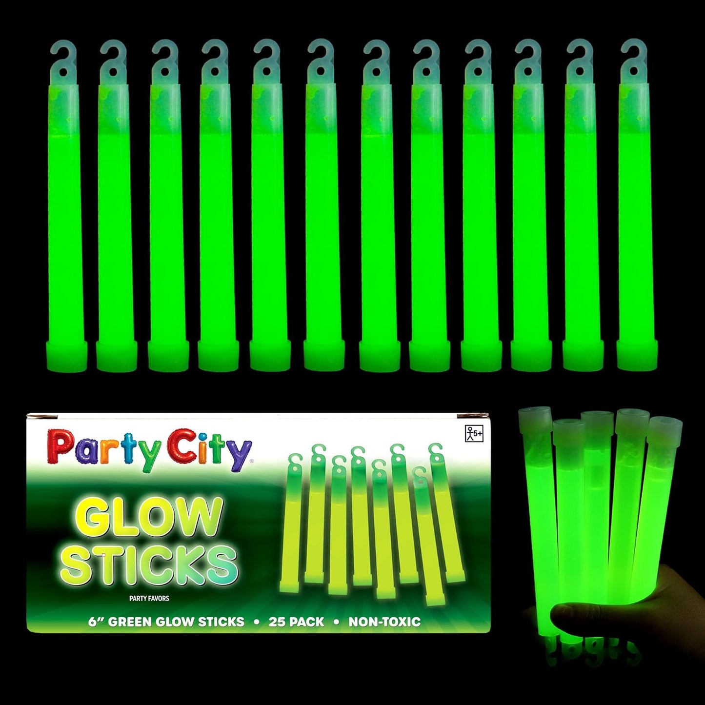 Party City Multicolor Glow Sticks Bulk Pack 6”- 25pk Glow in the Dark Sticks for Kids, Waterproof Camping Survival Ultra Bright Emergency Light Stick with String, Neon Glowsticks Party Supplies Favors